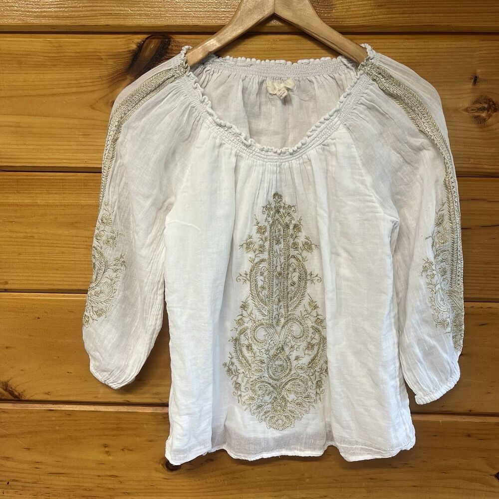 Adiva Women M Blouse Gold Embroidered Gauze 3/4 Bell Sleeve Boho Romantic Ivory